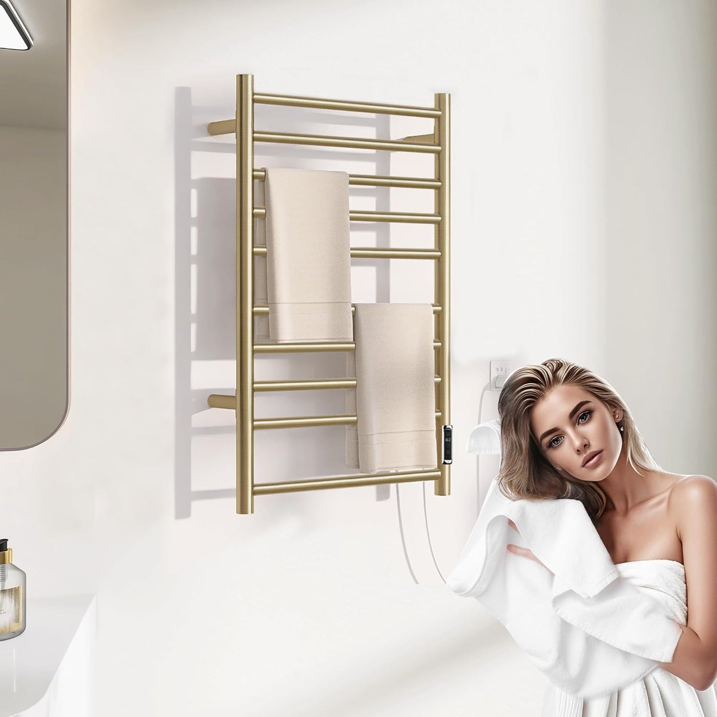 Heated Towel Racks for Bathroom, Wall Mounted Electric Towel Warmer Racks with Timer & Temperature Control, 10 Bar Stainless Steel Towel Heater for Bathroom (Round-Brushed Gold, 10 Bars)