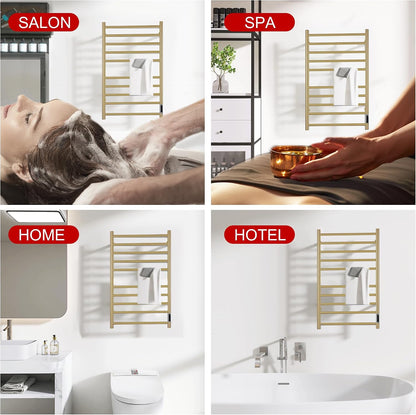 Heated Towel Racks for Bathroom, Wall Mounted Electric Towel Warmer Racks with Timer & Temperature Control, 10 Bar Stainless Steel Towel Heater for Bathroom (Round-Brushed Gold, 10 Bars)