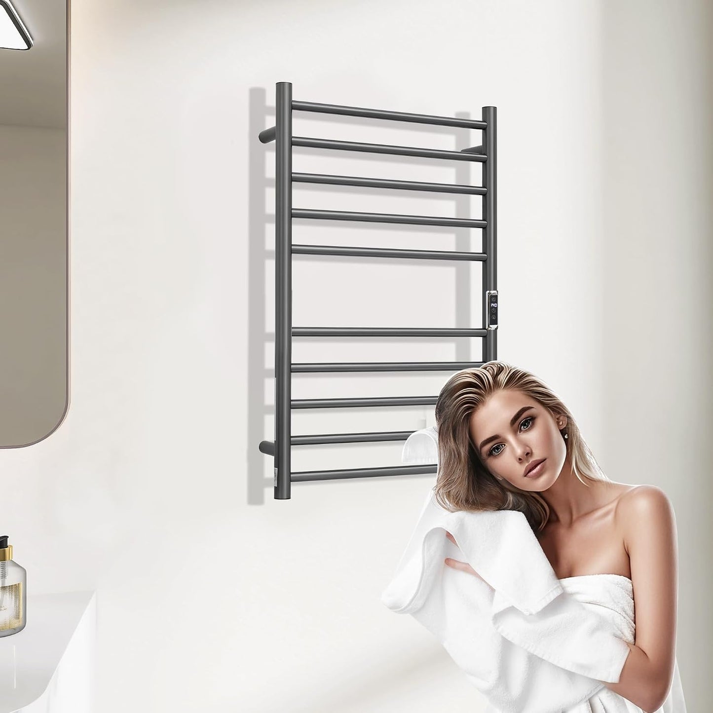 Heated Towel Racks for Bathroom, Wall Mounted Electric Towel Warmer Racks with Timer & Temperature Control, 10 Bar Stainless Steel Towel Heater for Bathroom (Round-Brushed Gold, 10 Bars)