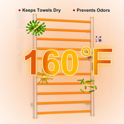 Heated Towel Racks for Bathroom, Wall Mounted Electric Towel Warmer Racks with Timer & Temperature Control, 10 Bar Stainless Steel Towel Heater for Bathroom (Round-Brushed Gold, 10 Bars)