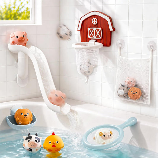 No-Hole Farm Animal Bath Toys for Kids Ages 1-3, Water Slide Toys | Bath Basketball Hoop, Fishing Net, Storage Bag, Toddlers Sealed Bathtub Toys, Shower Pool Play Set, Boys Girls Gifts