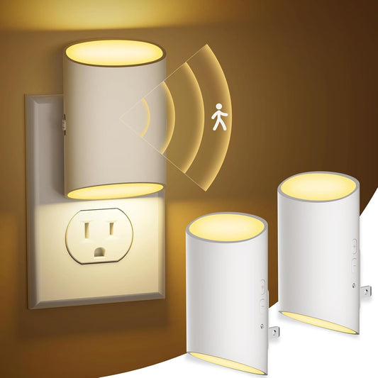 Night Light Plug into Wall with Motion Sensor & Dusk to Dawn, Soft White LED 3000K, 7 Levels 1-100LM Adjustable Brightness, Auto Indoor Nightlight for Bedroom, Bathroom, Hallways,Stairs, 2-Pack