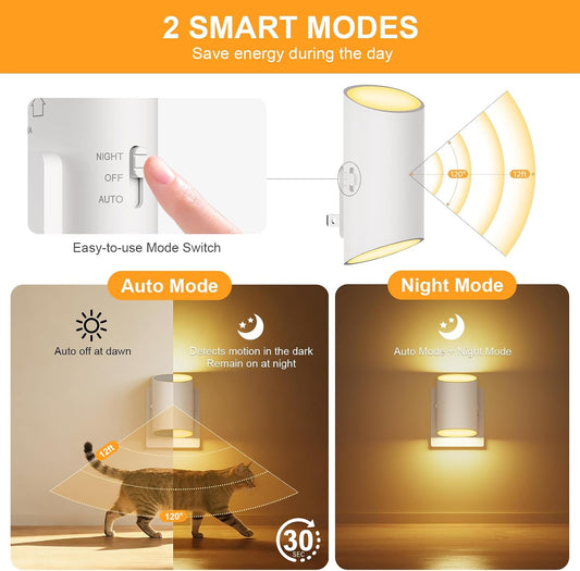 Night Light Plug into Wall with Motion Sensor & Dusk to Dawn, Soft White LED 3000K, 7 Levels 1-100LM Adjustable Brightness, Auto Indoor Nightlight for Bedroom, Bathroom, Hallways,Stairs, 2-Pack