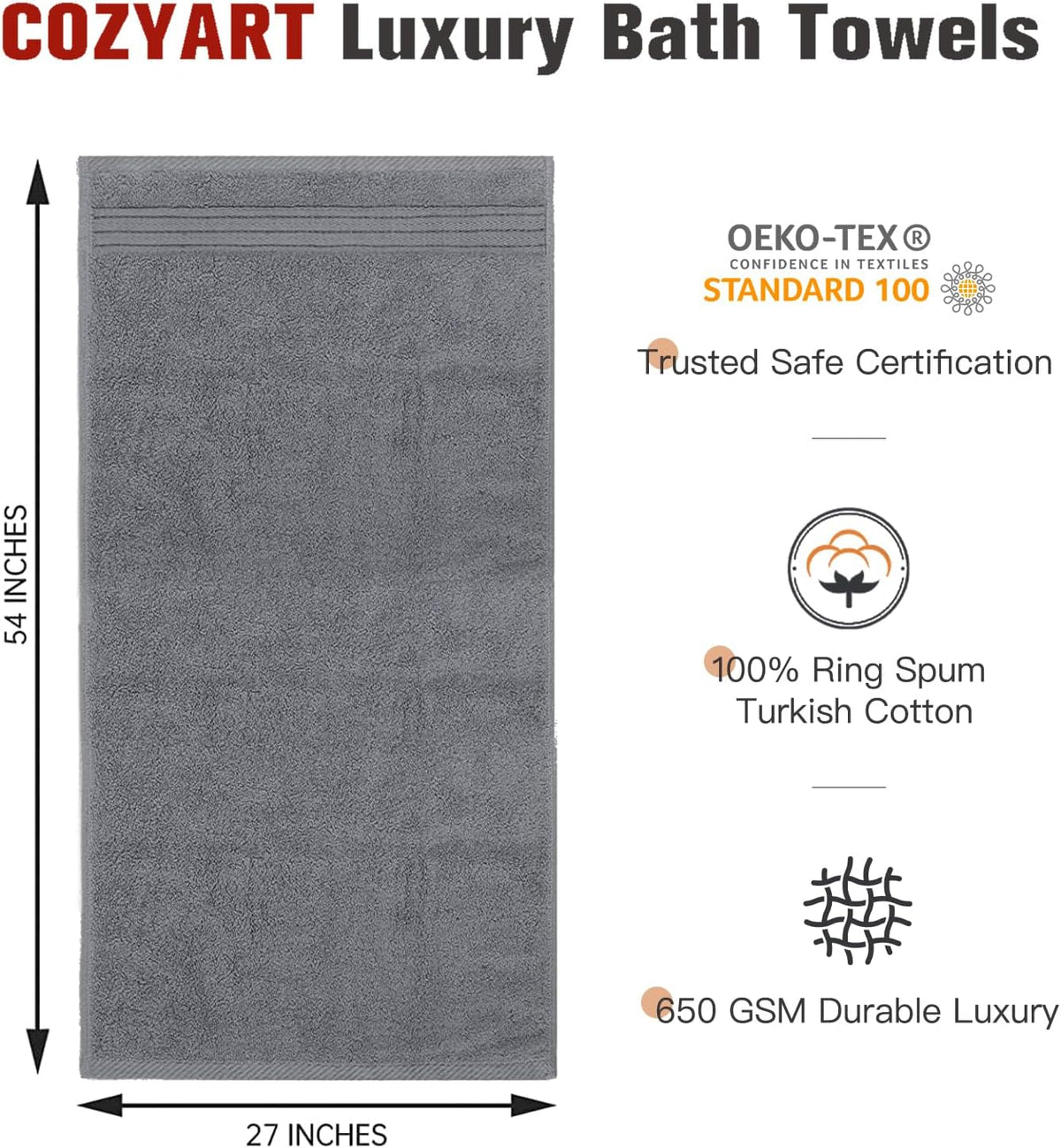 Luxury Bath Towels 4 PCS, 27x54 650 GSM Turkish Cotton Burnt Orange