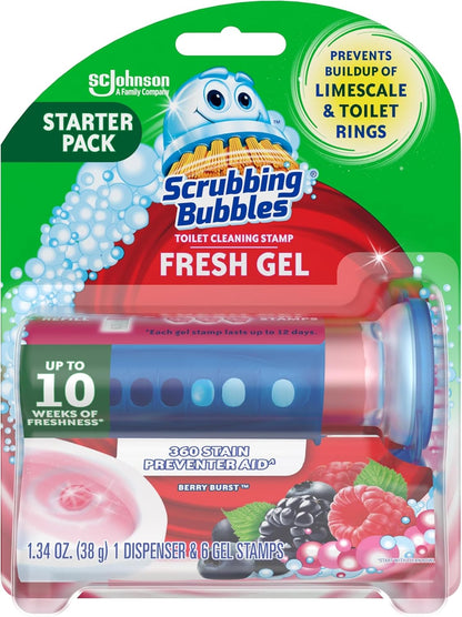 Fresh Gel Toilet Bowl Cleaning Stamps, Helps Keep Toilet Clean and Helps Prevent Limescale & Rings, Berry Burst Scent, 1 Dispenser with 6 Fresh Gel Stamps