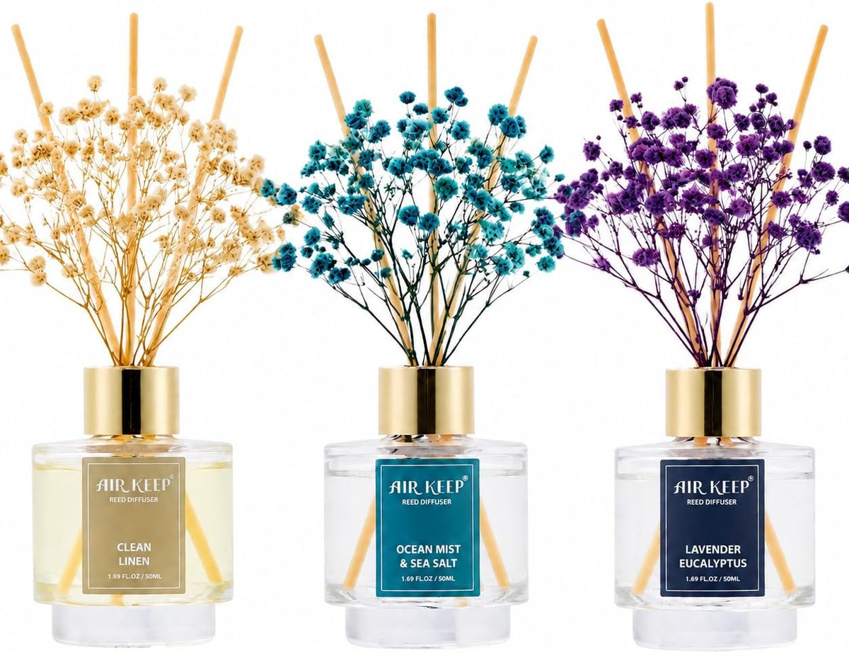 Reed Diffuser Set of 3,Clean Linen Ocean Mist&Sea Salt Lavender Eucalyptus Oil Reed Diffusers for Bedroom Living Room Office Aromatherapy Oil Reed Diffuser for Gift 50ml x 3