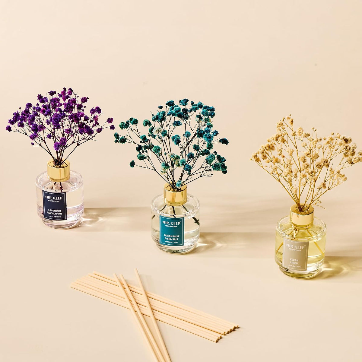 Reed Diffuser Set of 3,Clean Linen Ocean Mist&Sea Salt Lavender Eucalyptus Oil Reed Diffusers for Bedroom Living Room Office Aromatherapy Oil Reed Diffuser for Gift 50ml x 3
