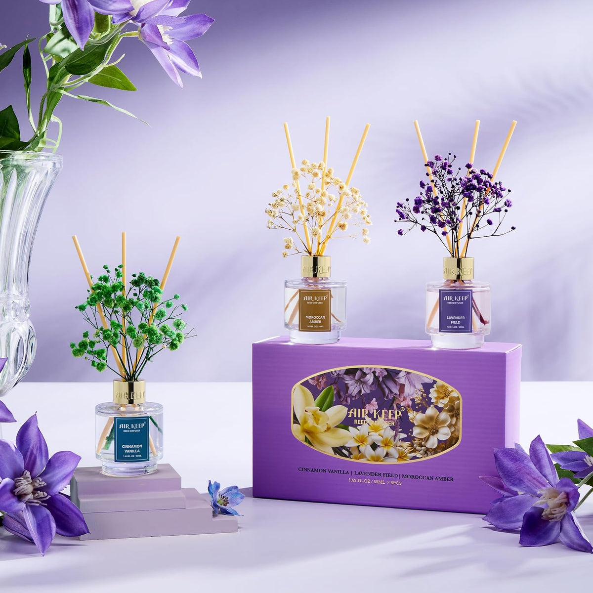 Reed Diffuser Set of 3,Clean Linen Ocean Mist&Sea Salt Lavender Eucalyptus Oil Reed Diffusers for Bedroom Living Room Office Aromatherapy Oil Reed Diffuser for Gift 50ml x 3