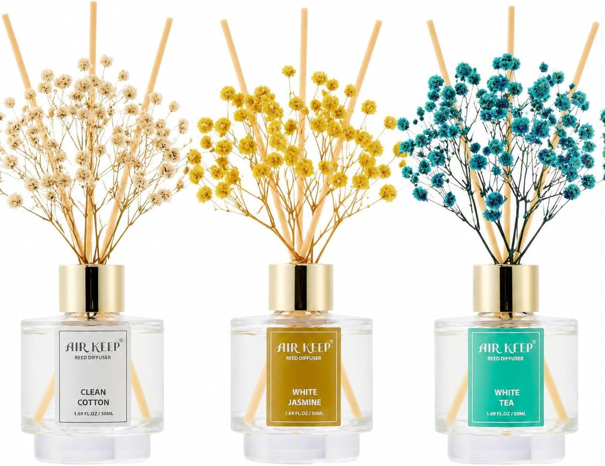 Reed Diffuser Set of 3,Clean Linen Ocean Mist&Sea Salt Lavender Eucalyptus Oil Reed Diffusers for Bedroom Living Room Office Aromatherapy Oil Reed Diffuser for Gift 50ml x 3