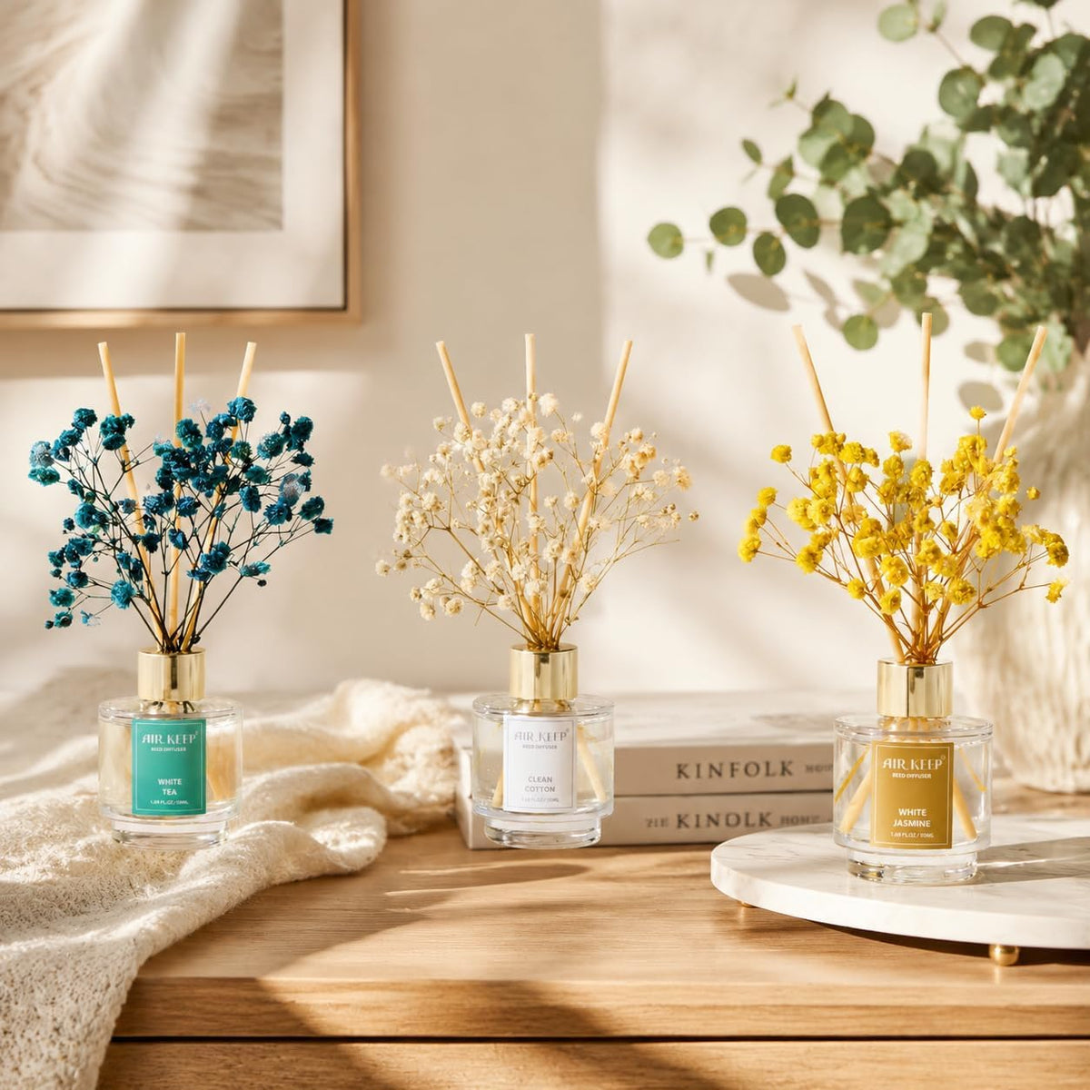 Reed Diffuser Set of 3,Clean Linen Ocean Mist&Sea Salt Lavender Eucalyptus Oil Reed Diffusers for Bedroom Living Room Office Aromatherapy Oil Reed Diffuser for Gift 50ml x 3