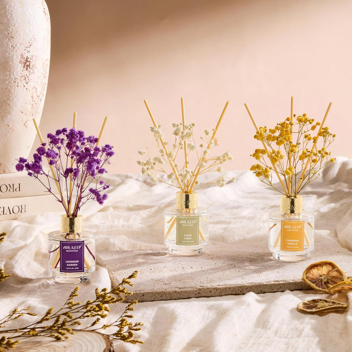 Reed Diffuser Set of 3,Clean Linen Ocean Mist&Sea Salt Lavender Eucalyptus Oil Reed Diffusers for Bedroom Living Room Office Aromatherapy Oil Reed Diffuser for Gift 50ml x 3