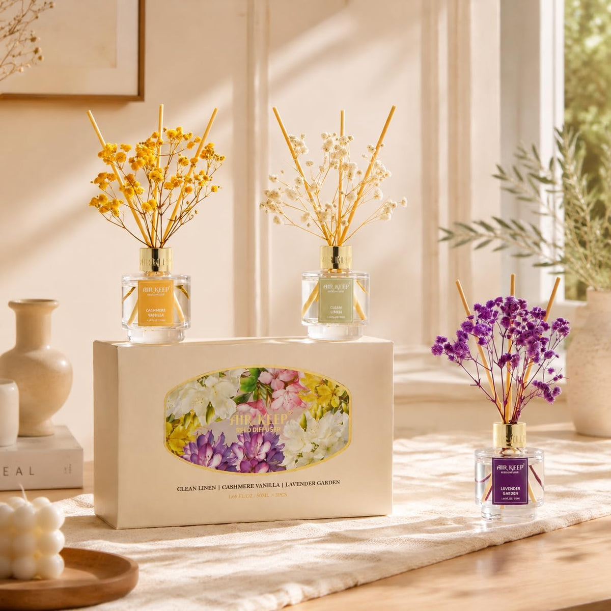 Reed Diffuser Set of 3,Clean Linen Ocean Mist&Sea Salt Lavender Eucalyptus Oil Reed Diffusers for Bedroom Living Room Office Aromatherapy Oil Reed Diffuser for Gift 50ml x 3