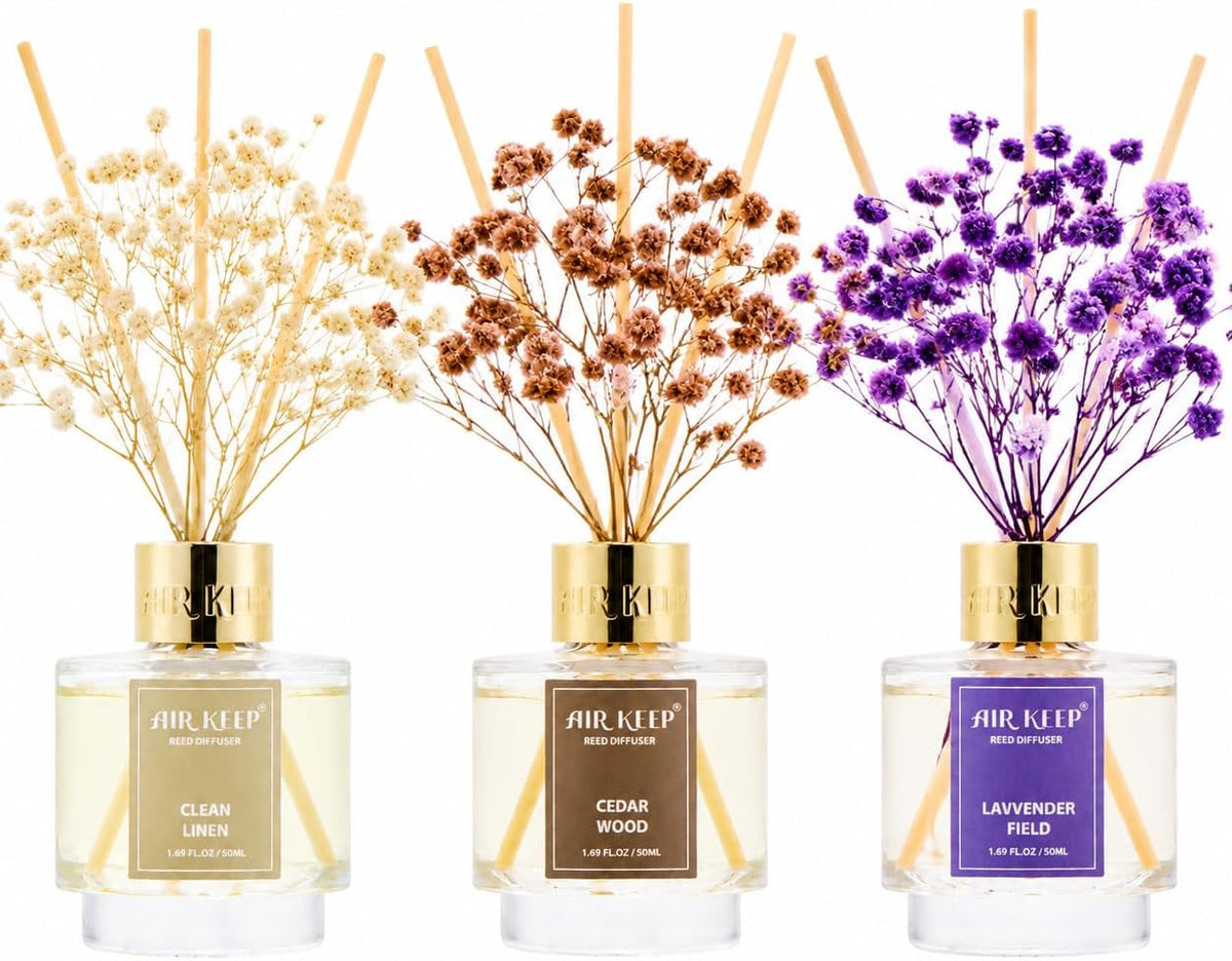 Reed Diffuser Set of 3,Clean Linen Ocean Mist&Sea Salt Lavender Eucalyptus Oil Reed Diffusers for Bedroom Living Room Office Aromatherapy Oil Reed Diffuser for Gift 50ml x 3