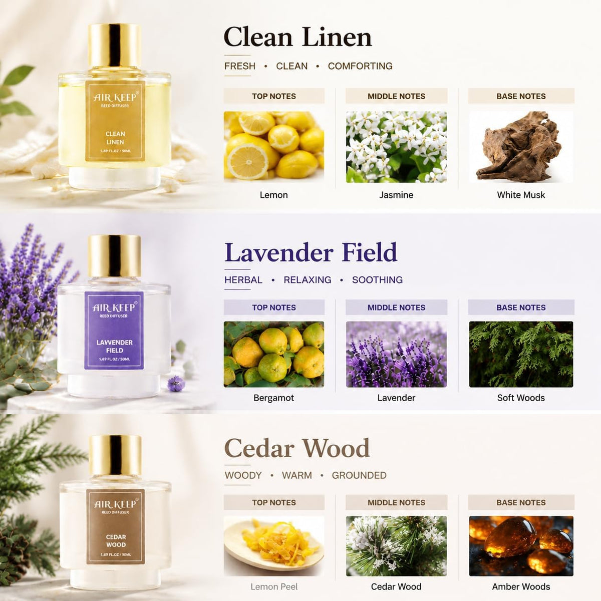 Reed Diffuser Set of 3,Clean Linen Ocean Mist&Sea Salt Lavender Eucalyptus Oil Reed Diffusers for Bedroom Living Room Office Aromatherapy Oil Reed Diffuser for Gift 50ml x 3