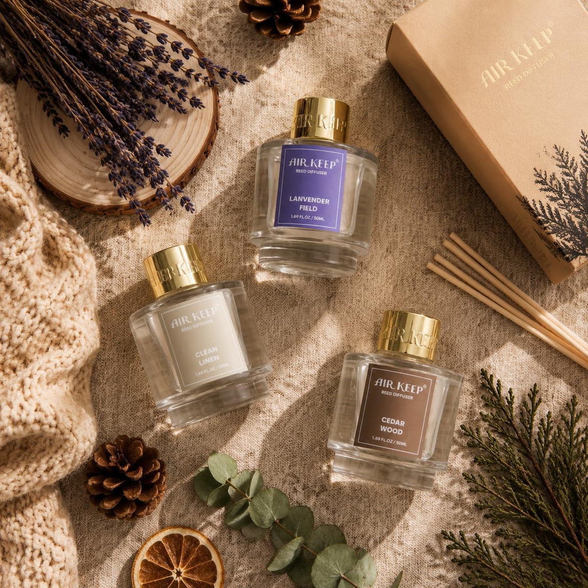 Reed Diffuser Set of 3,Clean Linen Ocean Mist&Sea Salt Lavender Eucalyptus Oil Reed Diffusers for Bedroom Living Room Office Aromatherapy Oil Reed Diffuser for Gift 50ml x 3