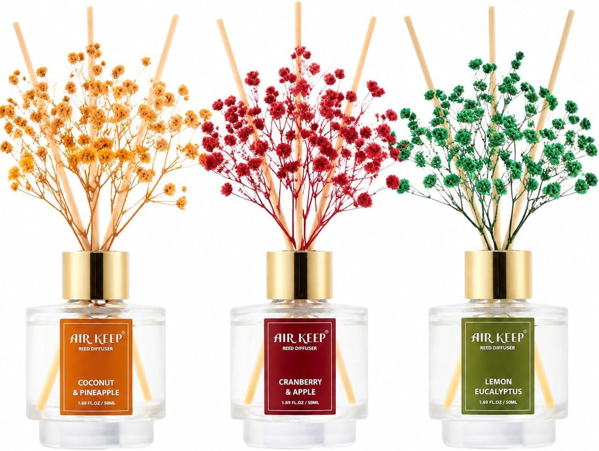 Reed Diffuser Set of 3,Clean Linen Ocean Mist&Sea Salt Lavender Eucalyptus Oil Reed Diffusers for Bedroom Living Room Office Aromatherapy Oil Reed Diffuser for Gift 50ml x 3