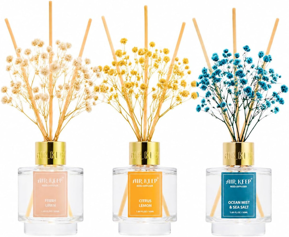 Reed Diffuser Set of 3,Clean Linen Ocean Mist&Sea Salt Lavender Eucalyptus Oil Reed Diffusers for Bedroom Living Room Office Aromatherapy Oil Reed Diffuser for Gift 50ml x 3