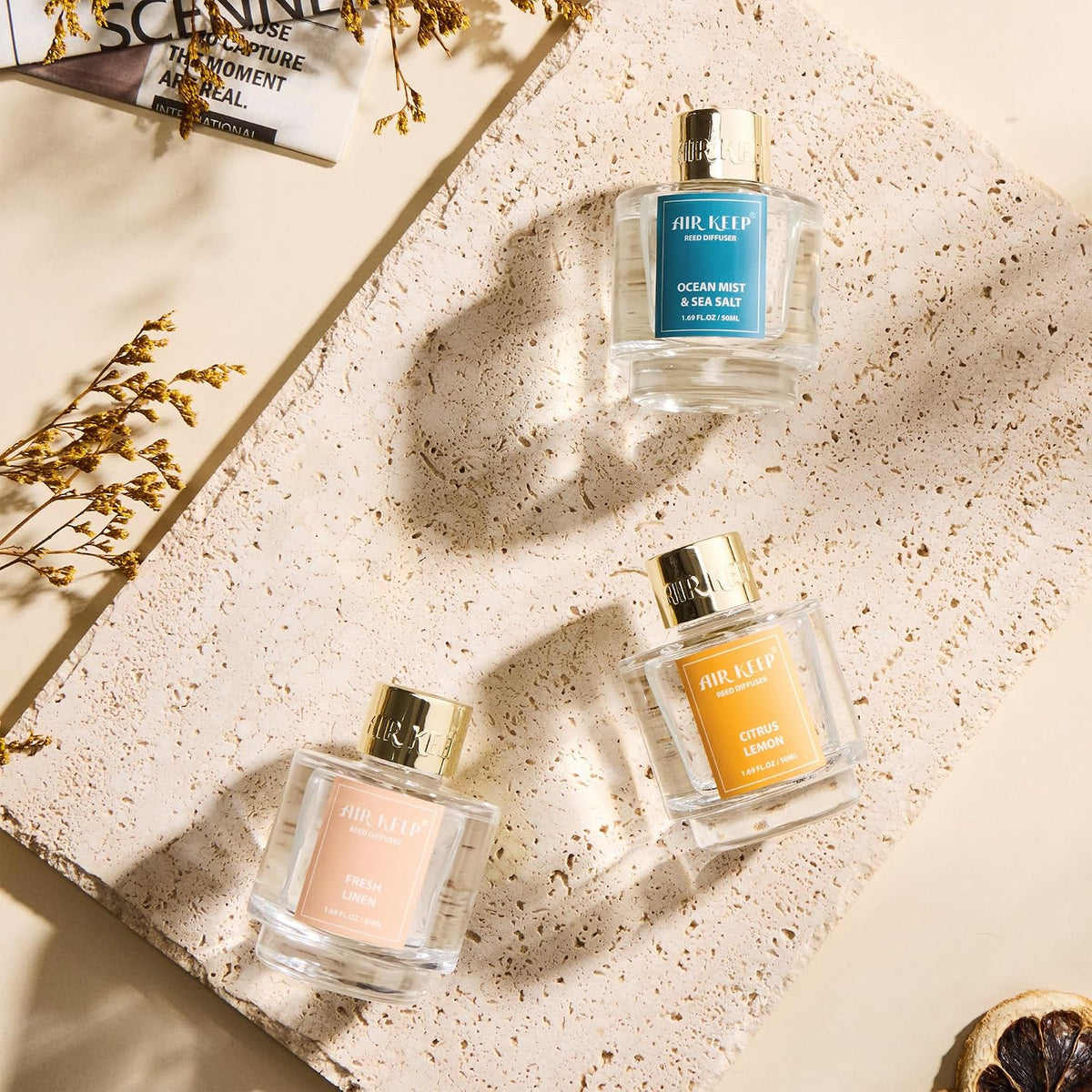 Reed Diffuser Set of 3,Clean Linen Ocean Mist&Sea Salt Lavender Eucalyptus Oil Reed Diffusers for Bedroom Living Room Office Aromatherapy Oil Reed Diffuser for Gift 50ml x 3