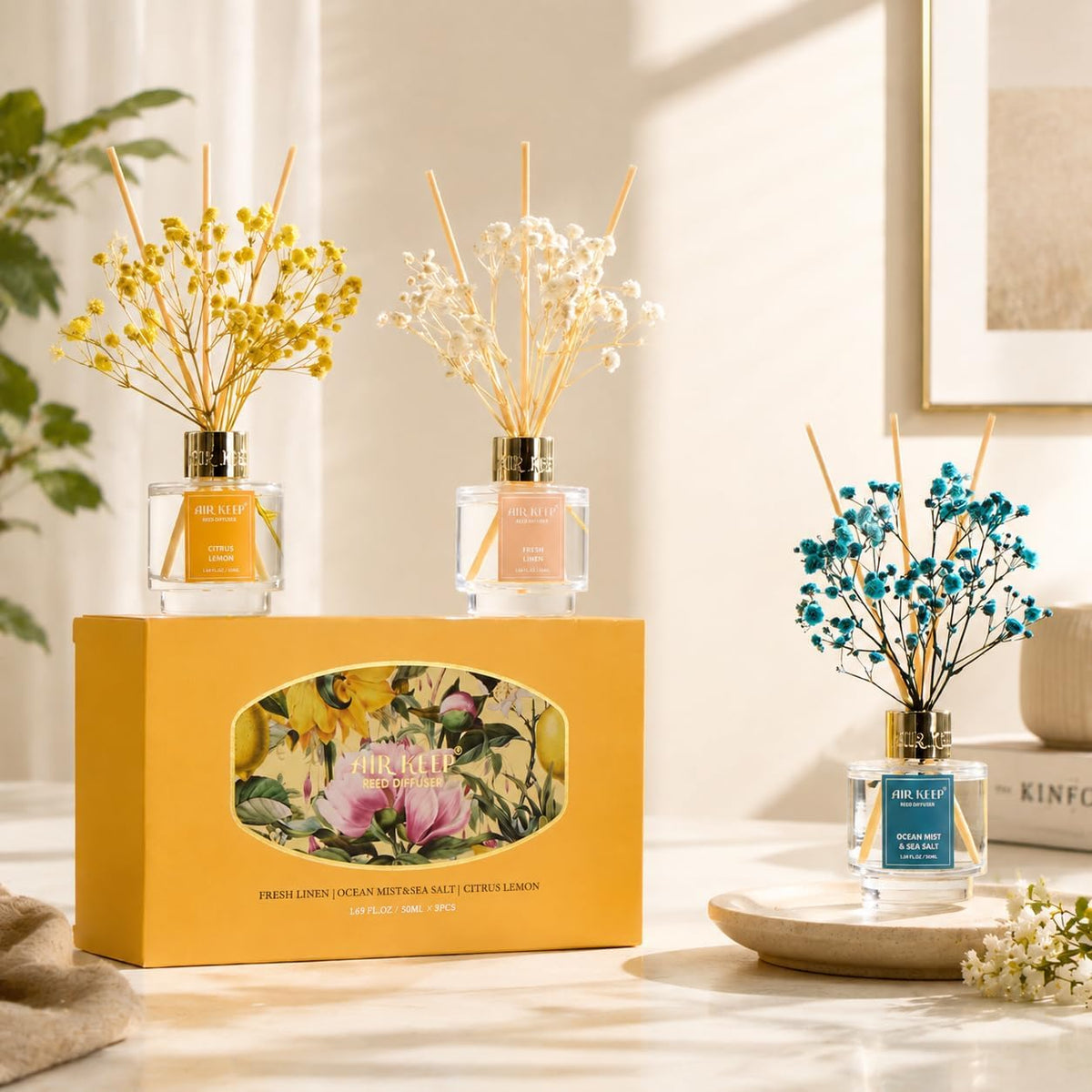 Reed Diffuser Set of 3,Clean Linen Ocean Mist&Sea Salt Lavender Eucalyptus Oil Reed Diffusers for Bedroom Living Room Office Aromatherapy Oil Reed Diffuser for Gift 50ml x 3