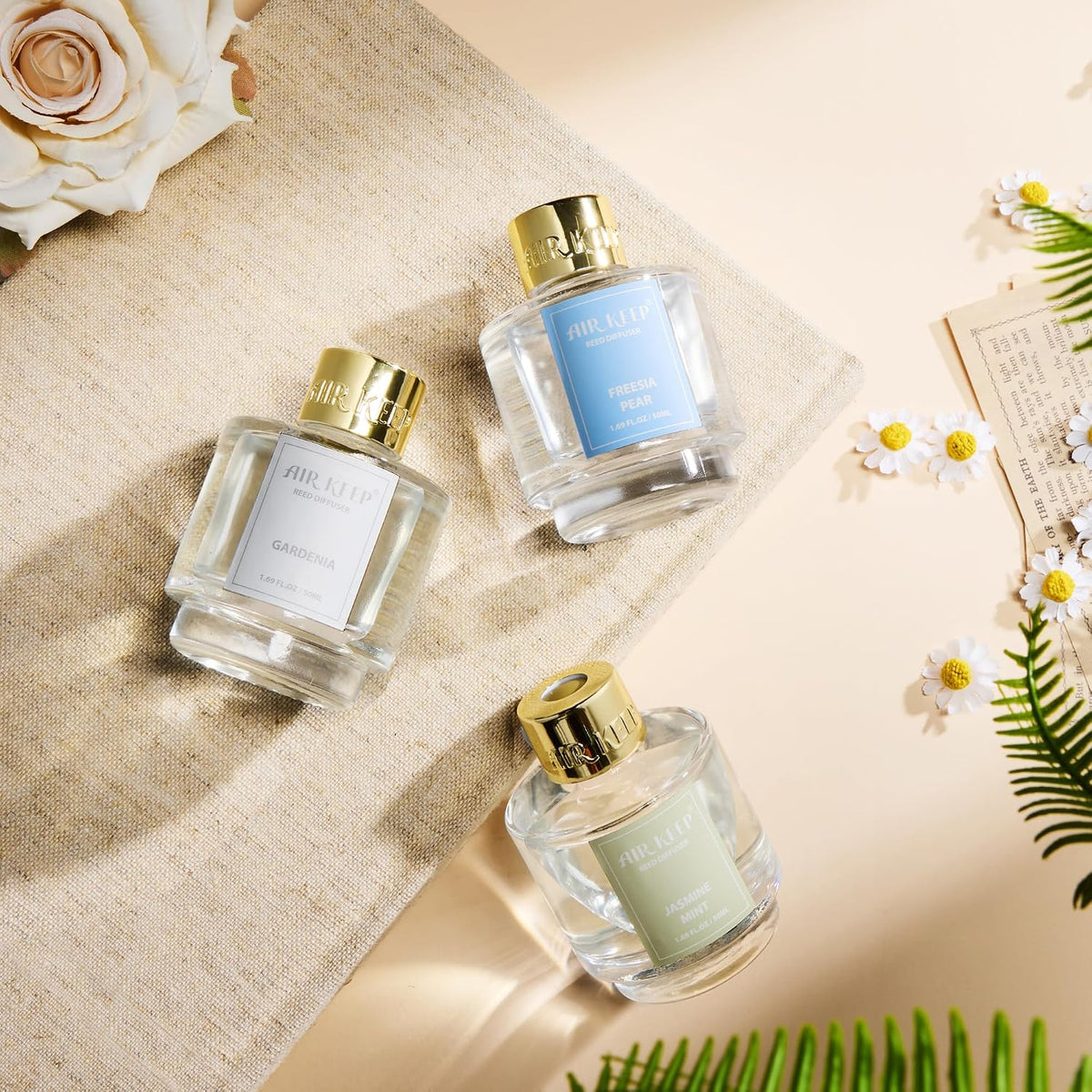 Reed Diffuser Set of 3,Clean Linen Ocean Mist&Sea Salt Lavender Eucalyptus Oil Reed Diffusers for Bedroom Living Room Office Aromatherapy Oil Reed Diffuser for Gift 50ml x 3