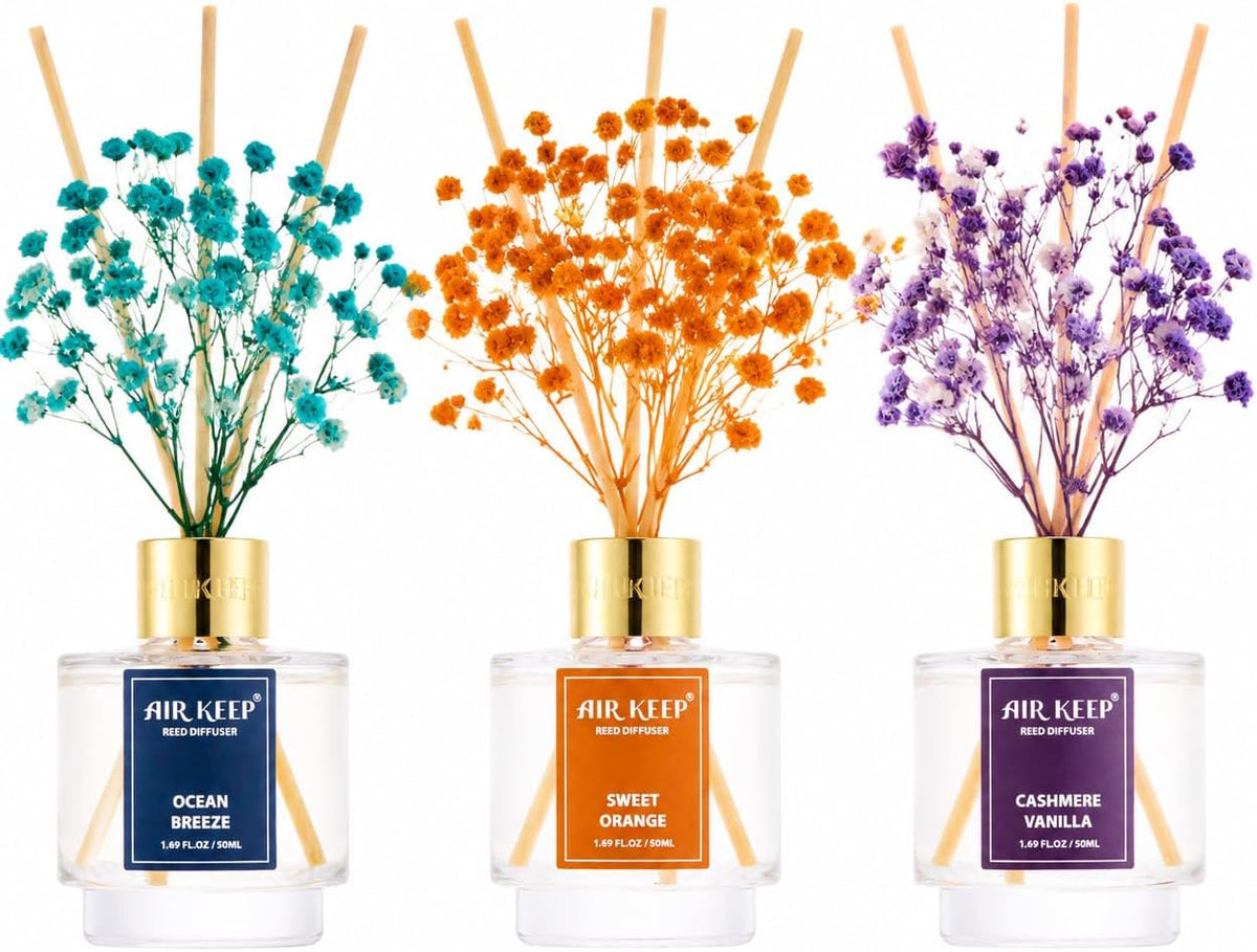 Reed Diffuser Set of 3,Clean Linen Ocean Mist&Sea Salt Lavender Eucalyptus Oil Reed Diffusers for Bedroom Living Room Office Aromatherapy Oil Reed Diffuser for Gift 50ml x 3