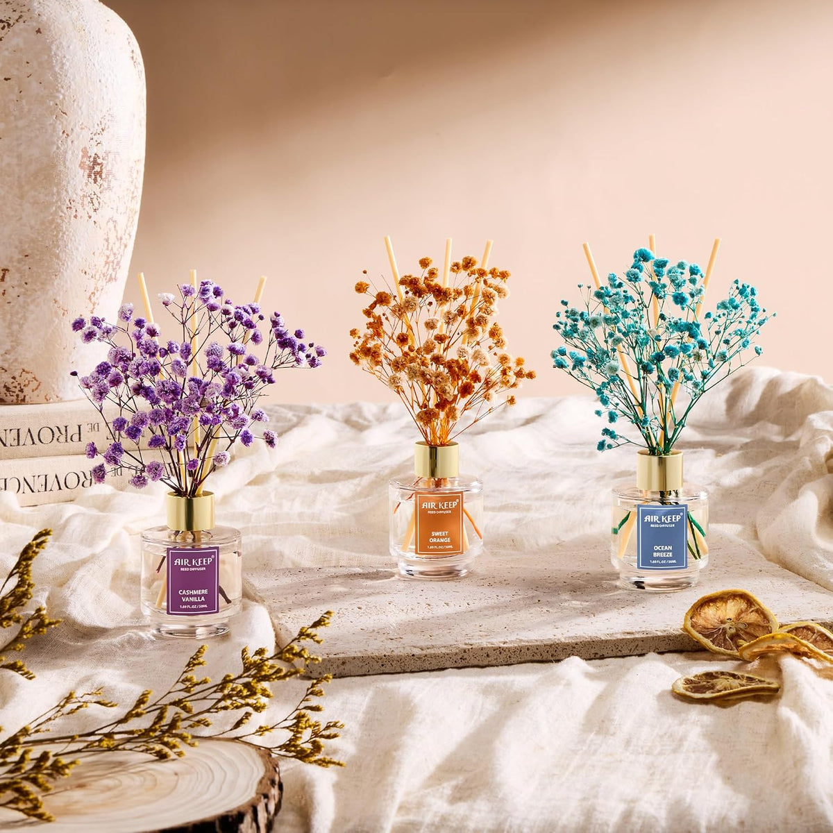 Reed Diffuser Set of 3,Clean Linen Ocean Mist&Sea Salt Lavender Eucalyptus Oil Reed Diffusers for Bedroom Living Room Office Aromatherapy Oil Reed Diffuser for Gift 50ml x 3