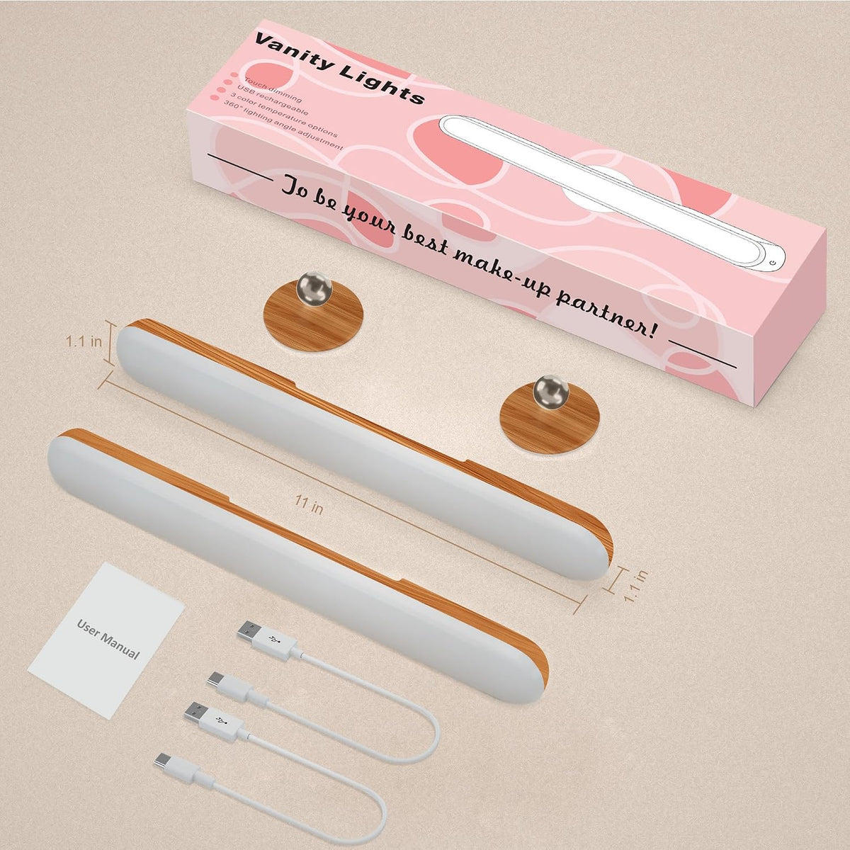 Rechargeable Vanity Lights for Mirror, Wireless LED Stick On Light