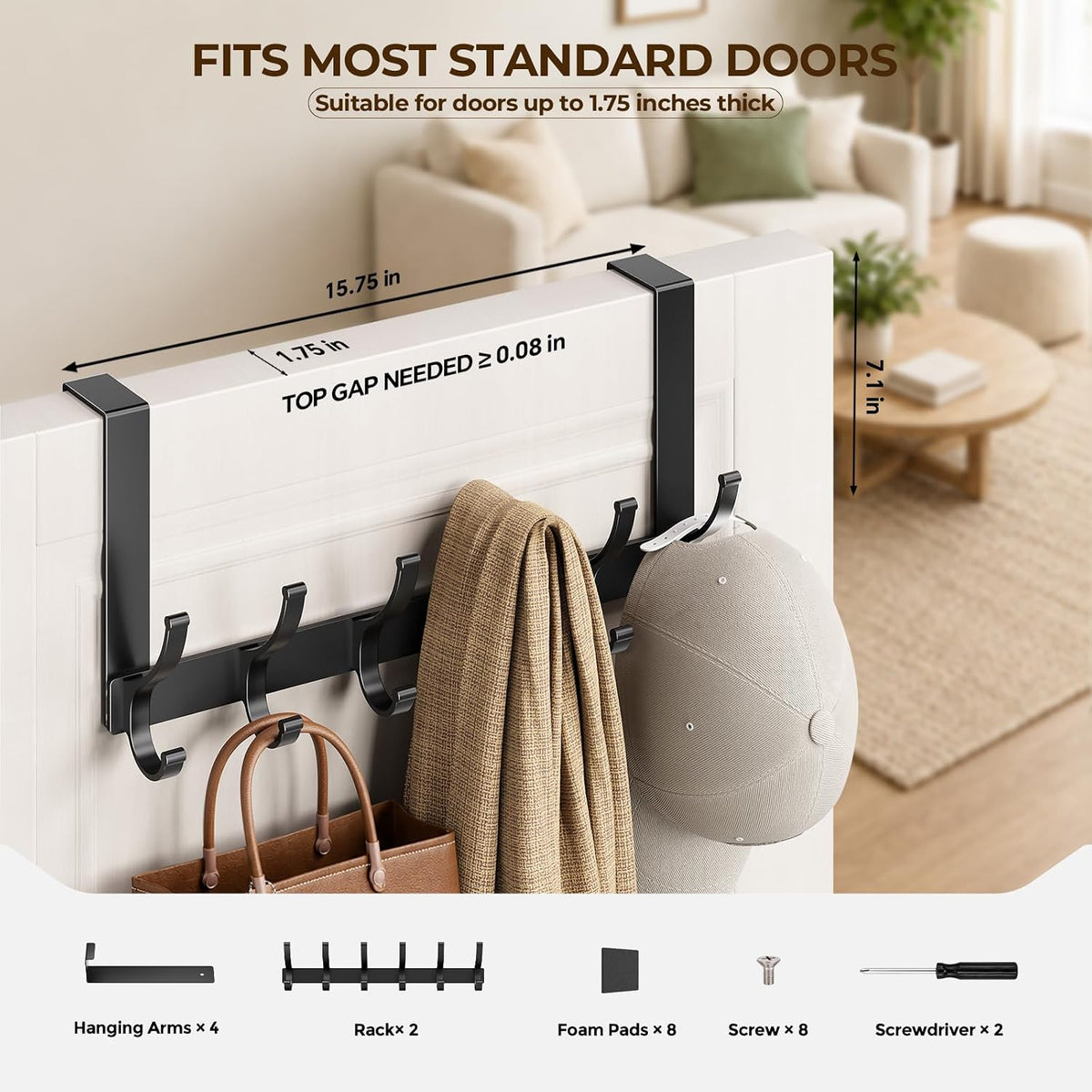 Over The Door Hooks, Door Hanger Hooks for Hanging, Over The Doors Towel Racks for Bathroom, Coat Rack Dorm Essentials (White, Fit 1-3/4" Doors)