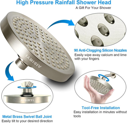 6" High Pressure Rain Shower Head, Luxury Matte Black Finish | 6 Inch Fixed Bathroom Showerhead, Adjustable Replacement, 90 Anti-Clog Nozzles, Removable Restrictor, Tool-Free Easy Install