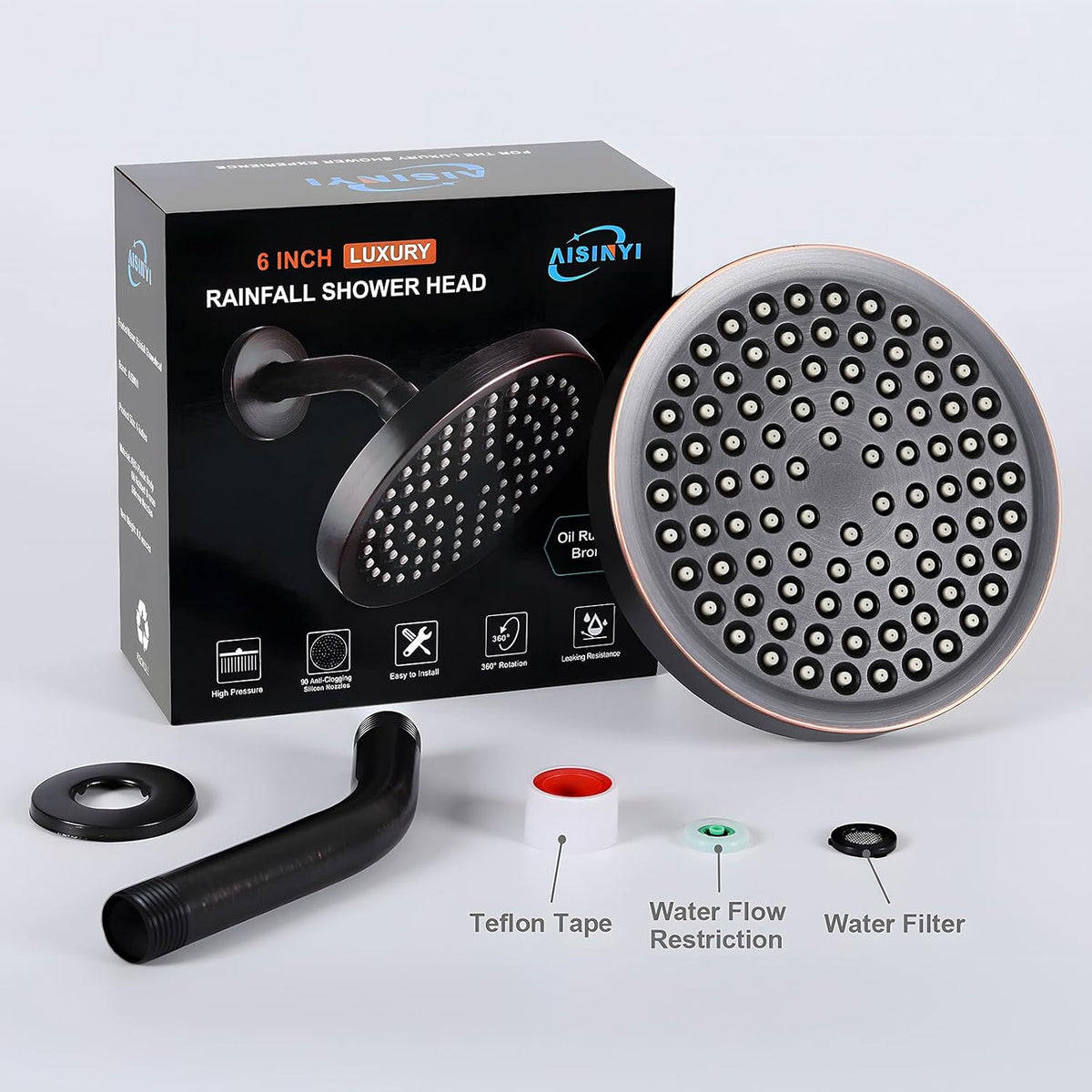 6" High Pressure Rain Shower Head, Luxury Matte Black Finish | 6 Inch Fixed Bathroom Showerhead, Adjustable Replacement, 90 Anti-Clog Nozzles, Removable Restrictor, Tool-Free Easy Install