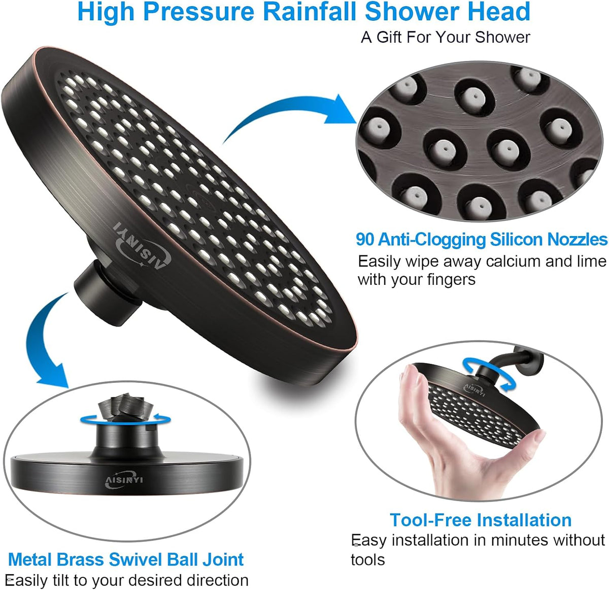 6" High Pressure Rain Shower Head, Luxury Matte Black Finish | 6 Inch Fixed Bathroom Showerhead, Adjustable Replacement, 90 Anti-Clog Nozzles, Removable Restrictor, Tool-Free Easy Install