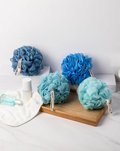 Loofah Sponge, XXL Large Loofah 100g 4 Pack, Bath Sponge Soft Mesh Shower Loofah for Men, Body Scrub, Shower Pouf Bath Accessories, for Body Wash, Soap (Blue Gray)