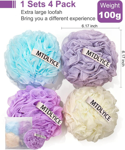Loofah Sponge, XXL Large Loofah 100g 4 Pack, Bath Sponge Soft Mesh Shower Loofah for Men, Body Scrub, Shower Pouf Bath Accessories, for Body Wash, Soap (Blue Gray)