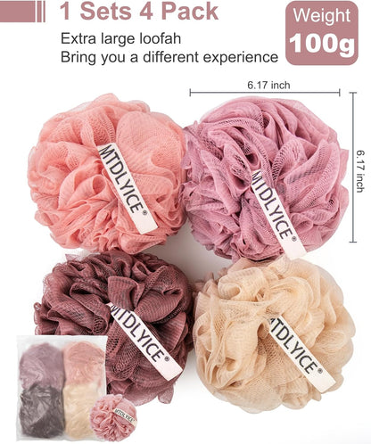 Loofah Sponge, XXL Large Loofah 100g 4 Pack, Bath Sponge Soft Mesh Shower Loofah for Men, Body Scrub, Shower Pouf Bath Accessories, for Body Wash, Soap (Blue Gray)