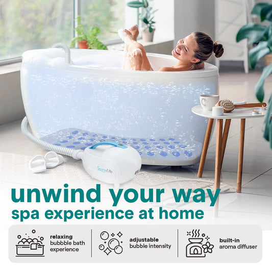 Portable Spa Bubble Bath Massager - Relaxing Spa Non-Slip Mat with Suction Cup Bottom, Motorized Air Pump, Adjustable Bubble Settings and Remote Control, 47” x 14.2”