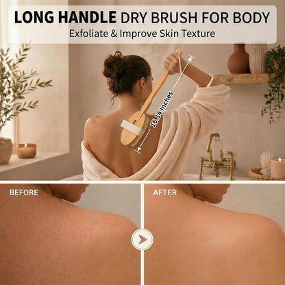 Premium Dry Brushing Body Brush Set, Exfoliating & Glowing Skin | Lymphatic Drainage and Cellulite Treatment, 16Inch Long Handle Boar Bristle Brush, Face Cleansing Brush, 5 Pack
