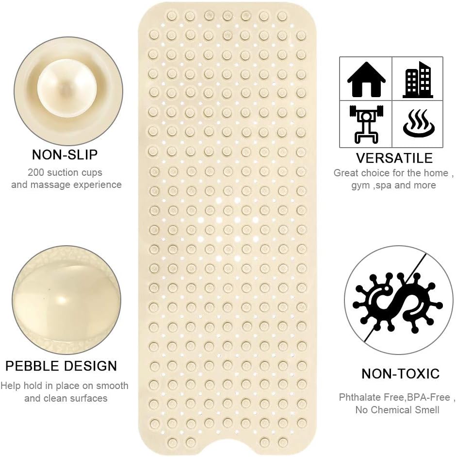 Bath and Shower Safety Mats 40x16 inch, Non Slip with Suction Cups for Bathroom Stall and Tub Floor, Extra Large and Machine Washable, Drain Holes Keep Bathtub Clean, Clear