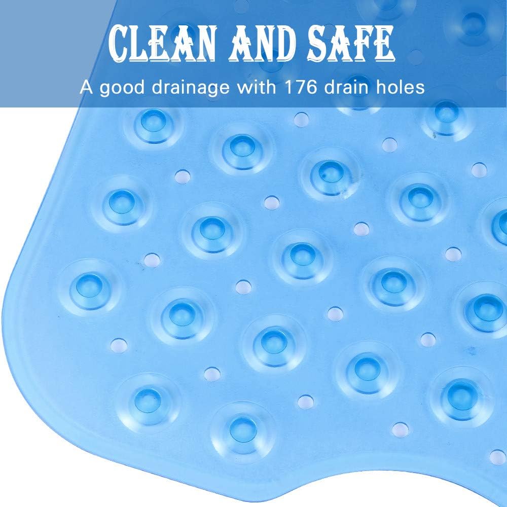 Bath and Shower Safety Mats 40x16 inch, Non Slip with Suction Cups for Bathroom Stall and Tub Floor, Extra Large and Machine Washable, Drain Holes Keep Bathtub Clean, Clear