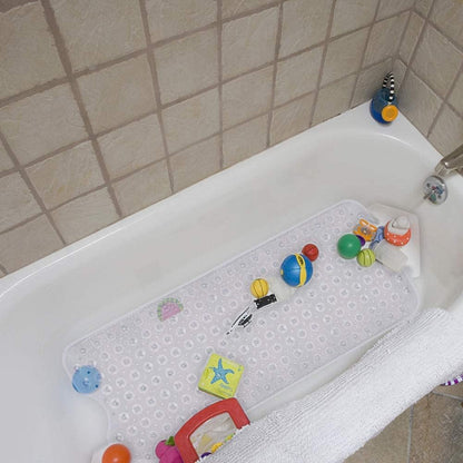 Bath and Shower Safety Mats 40x16 inch, Non Slip with Suction Cups for Bathroom Stall and Tub Floor, Extra Large and Machine Washable, Drain Holes Keep Bathtub Clean, Clear