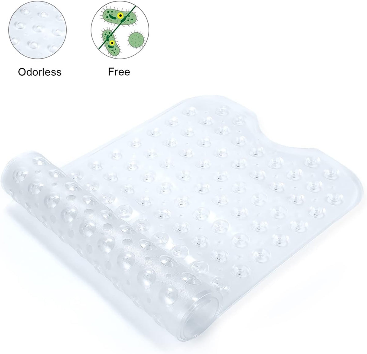 Bath and Shower Safety Mats 40x16 inch, Non Slip with Suction Cups for Bathroom Stall and Tub Floor, Extra Large and Machine Washable, Drain Holes Keep Bathtub Clean, Clear