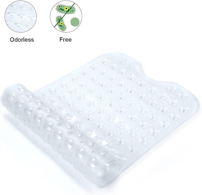 Bath and Shower Safety Mats 40x16 inch, Non Slip with Suction Cups for Bathroom Stall and Tub Floor, Extra Large and Machine Washable, Drain Holes Keep Bathtub Clean, Clear