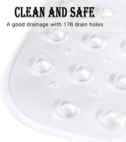 Bath and Shower Safety Mats 40x16 inch, Non Slip with Suction Cups for Bathroom Stall and Tub Floor, Extra Large and Machine Washable, Drain Holes Keep Bathtub Clean, Clear
