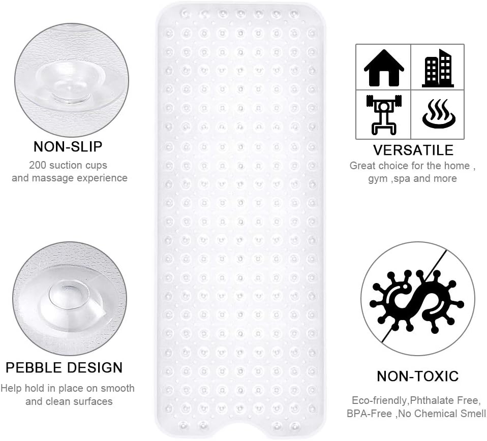 Bath and Shower Safety Mats 40x16 inch, Non Slip with Suction Cups for Bathroom Stall and Tub Floor, Extra Large and Machine Washable, Drain Holes Keep Bathtub Clean, Clear