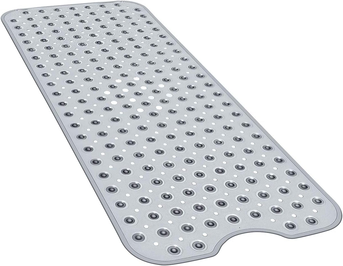 Bath and Shower Safety Mats 40x16 inch, Non Slip with Suction Cups for Bathroom Stall and Tub Floor, Extra Large and Machine Washable, Drain Holes Keep Bathtub Clean, Clear