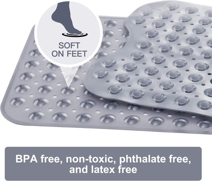 Bath and Shower Safety Mats 40x16 inch, Non Slip with Suction Cups for Bathroom Stall and Tub Floor, Extra Large and Machine Washable, Drain Holes Keep Bathtub Clean, Clear