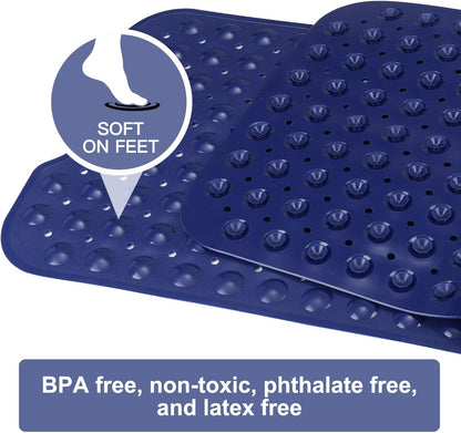 Bath and Shower Safety Mats 40x16 inch, Non Slip with Suction Cups for Bathroom Stall and Tub Floor, Extra Large and Machine Washable, Drain Holes Keep Bathtub Clean, Clear