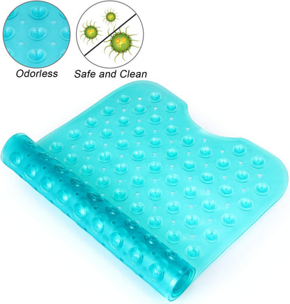 Bath and Shower Safety Mats 40x16 inch, Non Slip with Suction Cups for Bathroom Stall and Tub Floor, Extra Large and Machine Washable, Drain Holes Keep Bathtub Clean, Clear