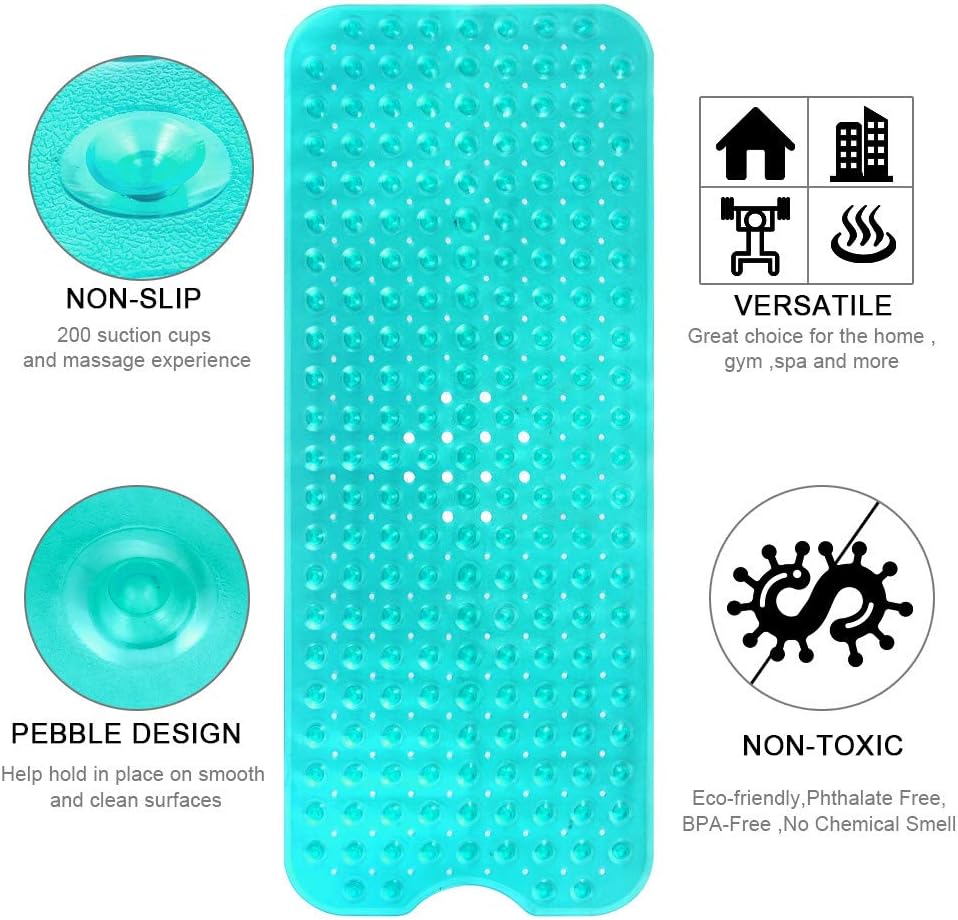Bath and Shower Safety Mats 40x16 inch, Non Slip with Suction Cups for Bathroom Stall and Tub Floor, Extra Large and Machine Washable, Drain Holes Keep Bathtub Clean, Clear