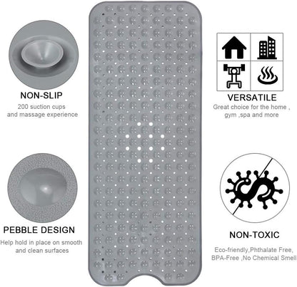 Bath and Shower Safety Mats 40x16 inch, Non Slip with Suction Cups for Bathroom Stall and Tub Floor, Extra Large and Machine Washable, Drain Holes Keep Bathtub Clean, Clear