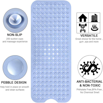 Bath and Shower Safety Mats 40x16 inch, Non Slip with Suction Cups for Bathroom Stall and Tub Floor, Extra Large and Machine Washable, Drain Holes Keep Bathtub Clean, Clear